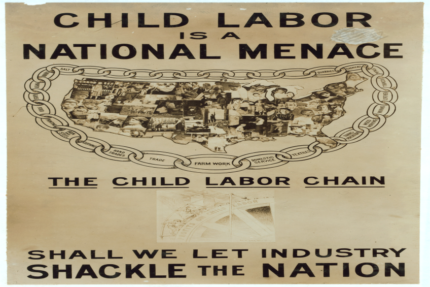 Ein Plakat mit fetter schwarzer Schrift auf weißem Hintergrund trägt die Aufschrift "Kinderarbeit ist eine nationale Geißel - Sollen wir die Industrie das Land fesseln lassen?", zeigt eine Gruppe verschiedener Menschen in Solidarität.