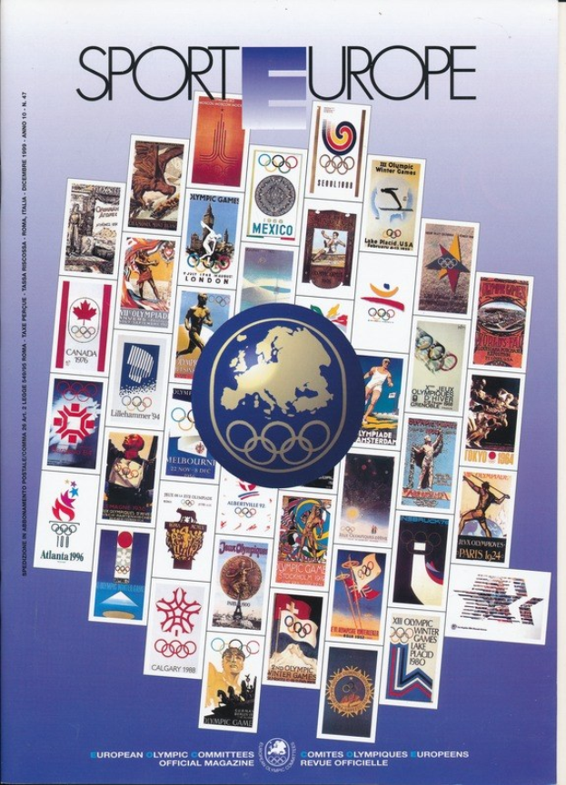 Ein Buchumschlag mit dem Titel "Sporting Europe", der farbenfrohe olympische Bilder, Symbole und Texte enthält.