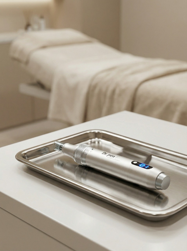 Steriles Microneedling-Instrument auf einem vorbereiteten Tablett in einem modernen Kosmetikstudio.