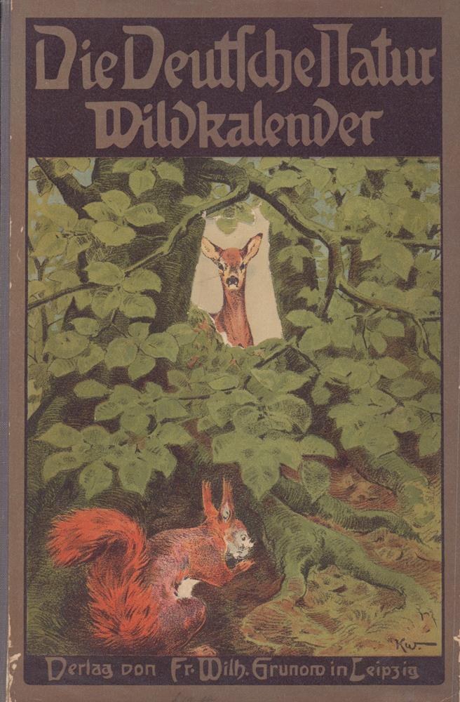 Titelbild des "Deutschen Hatur Wildkalender" mit einer Illustration von einem Reh und einem Eichhörnchen in einem Waldgebiet.