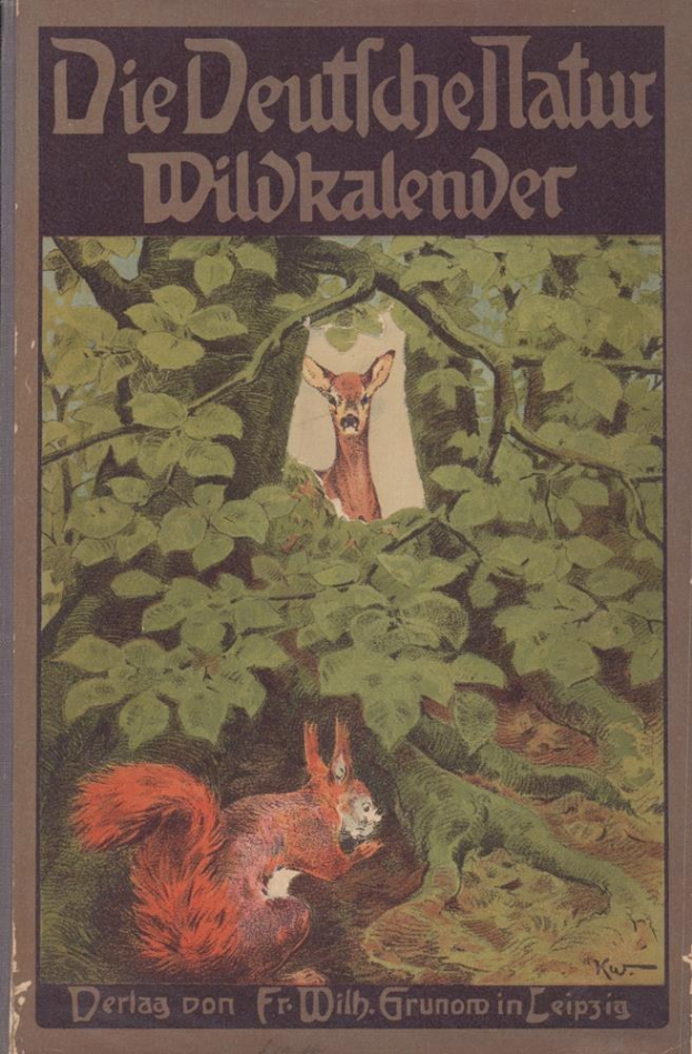 Titelbild des "Deutschen Hatur Wildkalender" mit einer Illustration von einem Reh und einem Eichhörnchen in einem Waldgebiet.
