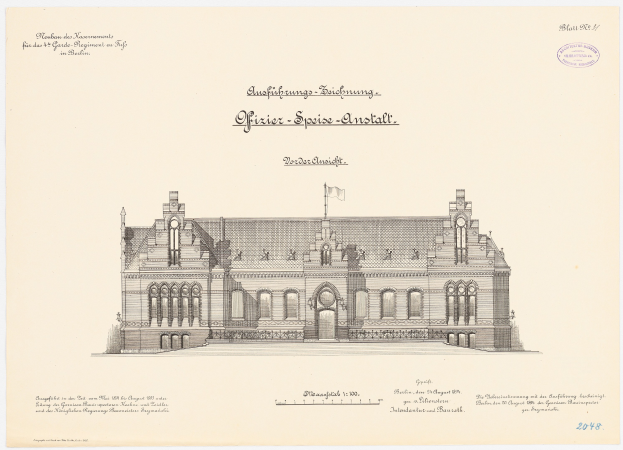 Eine Zeichnung des Hauptsaals des Deutschen Bundestages in Berlin mit einer Flagge darauf, begleitet von erklärendem Text.