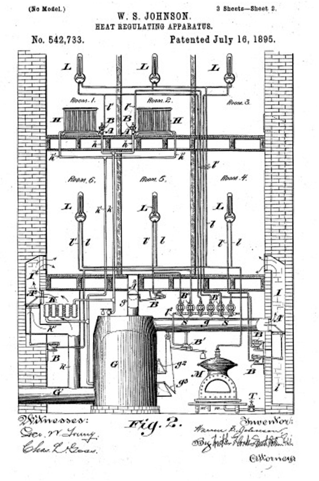 Schwarz-weißes technisches Zeichnung eines Wärme regulierenden Geräts aus dem Jahr 1885, das zahlreiche Rohre und Ventile zeigt.