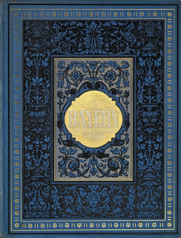 Ein blau-goldenes Buch mit dem Wort 'Bayern' auf seinem kunstvoll gestalteten Cover.