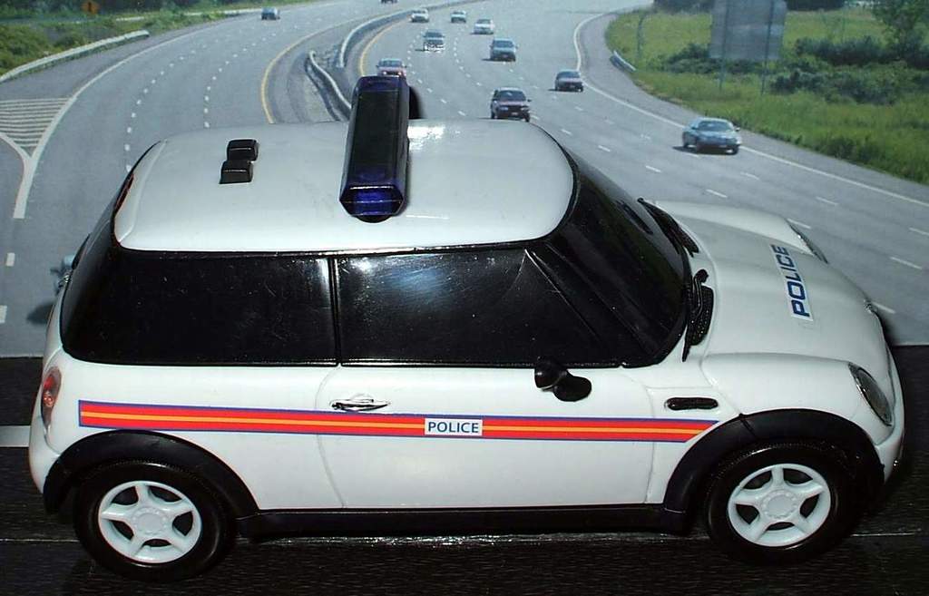 Ein weißes Polizeiauto steht im Vordergrund mit vielen Autos, die sich dahinter auf der Straße bewegen, umgeben von Gras und Bäumen auf beiden Seiten, in einer ländlichen Umgebung.