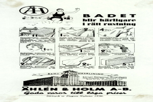 Frau in einem wei├čen Bikini mit blauen und wei├čen Streifen, mit einem Pferdeschwanz, direkt in die Kamera schauend, umgeben von Bildern von Menschen, Geb├Ąuden und fetter Schrift.