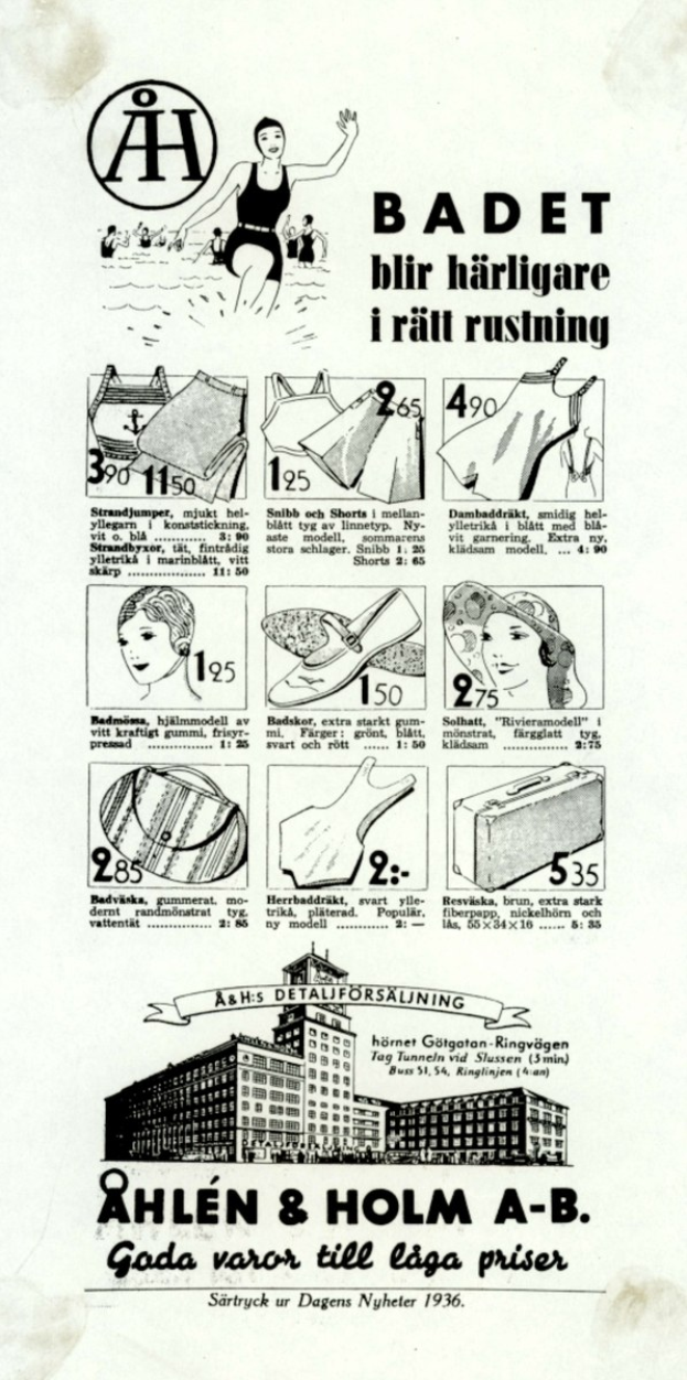 Frau in einem wei├čen Bikini mit blauen und wei├čen Streifen, mit einem Pferdeschwanz, direkt in die Kamera schauend, umgeben von Bildern von Menschen, Geb├Ąuden und fetter Schrift.