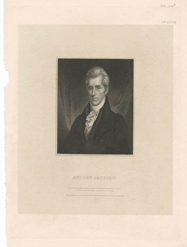 Schwarz-weiß-Porträt von Andrew Jackson, dem ersten US-Präsidenten, der einen Anzug trägt und einen ernsten Gesichtsausdruck hat, mit Text unten.