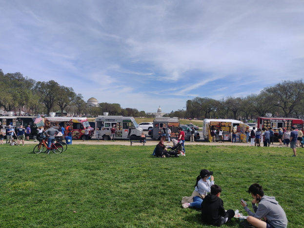 Eine Gruppe von Menschen sitzt auf einem grünen Feld beim Washington D.C. Food Truck Festival, umgeben von Fahrzeugen, Fahrrädern und anderen Gegenständen, mit Bäumen, Gebäuden und einem bewölkten Himmel im Hintergrund.