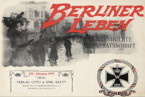 Ein altes Buchcover mit einer Gruppe von Menschen in festlicher Stimmung, Text "Berliner Leben" und einem Logo, das mit der deutschen Militär verbunden ist.