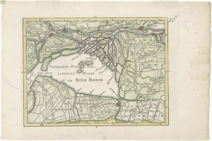 Ein detailliertes altes Stadtplan von Bies Bosch, Deutschland, der Straßen, Gebäude und Sehenswürdigkeiten mit Textbeschriftungen zeigt.