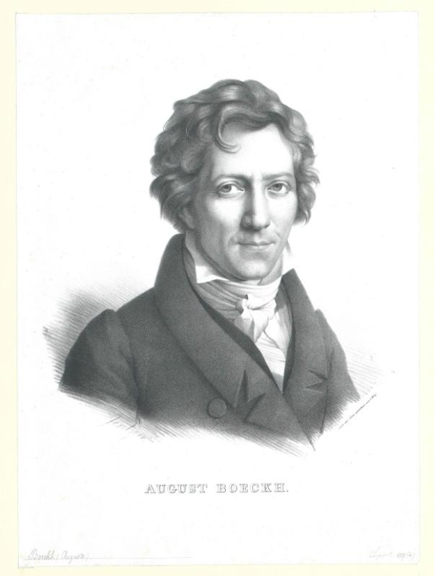 Ein Schwarz-Weiß-Porträt von August Boecke, einem deutschen Komponisten, der einen Mantel trägt, mit Text unten im Bild.