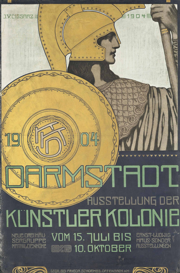 Plakat für ein 1904er Berlin-Konzert mit einem Helden, der ein Schild mit «Darmstadt» und «Künstler Kolonie» hält.