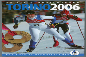 Ein Plakat der Olympischen Spiele 2006 in Turin, Italien, mit zwei Skifahrern auf dem Schnee und der Aufschrift 'Turin 2006'.