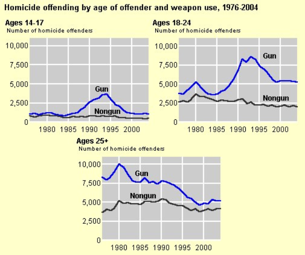 Eine Liniengrafik, die die Homicide-Offending nach Alter des Täters und Waffengebrauch von 1976 bis 2004 zeigt, mit begleitendem Text, der zusätzliche Dateninformationen bereitstellt.