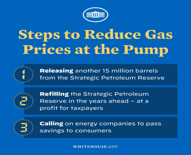 Plakat mit vier Schritten zur Reduzierung der Benzinpreise mit einem blauen und weißen Logo mit einer Zapfsäule in der Mitte.