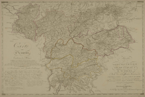 Ein detailliertes altes Stadtplan von Tirol, Deutschland, das Städte, Ortschaften, geografische Merkmale und Text mit Informationen über Bevölkerung, Straßen und Sehenswürdigkeiten zeigt.