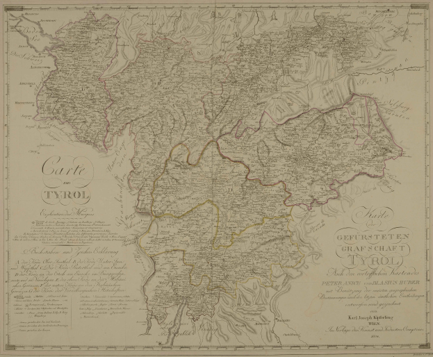 Ein detailliertes altes Stadtplan von Tirol, Deutschland, das Städte, Ortschaften, geografische Merkmale und Text mit Informationen über Bevölkerung, Straßen und Sehenswürdigkeiten zeigt.