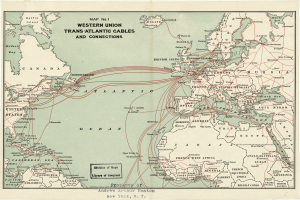 Eine detaillierte Karte der Western Union Transatlantischen Kabel und Verbindungen, die Routen und interessante Punkte zwischen Ländern hervorhebt, mit fettem Text, der die Verbindungen betont.