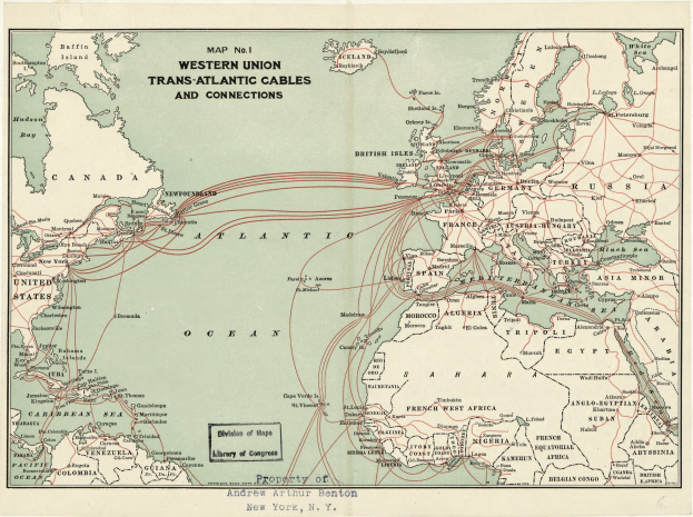 Eine detaillierte Karte der Western Union Transatlantischen Kabel und Verbindungen, die Routen und interessante Punkte zwischen Ländern hervorhebt, mit fettem Text, der die Verbindungen betont.