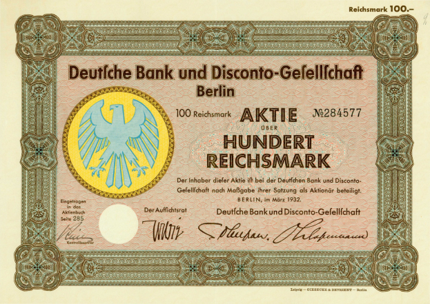 Alte deutsche Banknote mit einem Vogel-Design und dem Text "Deutsche Bank und Disconto-Gesellschaf Berlin"