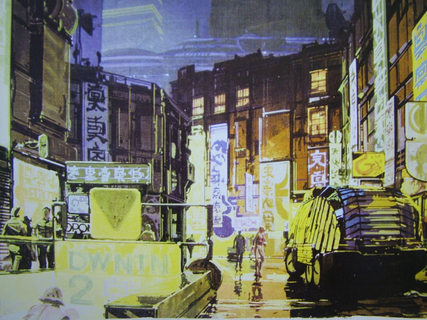 Ein bearbeitetes Bild, das eine belebte Stadtkulisse mit Menschen, Fahrzeugen, Gebäuden, Plakaten, Text, einer Straße, Fenstern, Schildern, einer U-Bahn und Lichtern zeigt.