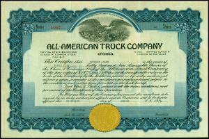 Ein Aktienzertifikat einer amerikanischen Lkw-Firma mit schwarzem Rand und goldenem Siegel in der Mitte, das Text enthält, der Informationen über die Firma enthält.