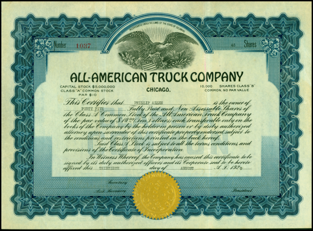 Ein Aktienzertifikat einer amerikanischen Lkw-Firma mit schwarzem Rand und goldenem Siegel in der Mitte, das Text enthält, der Informationen über die Firma enthält.