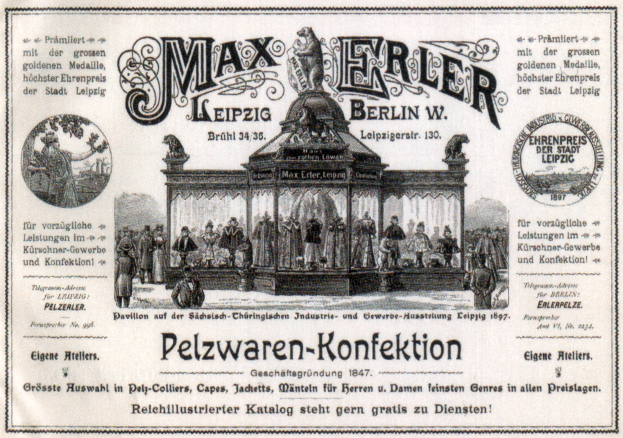 Ein Vintage-Werbeplakat für Max Erler Leipzig in Berlin, Deutschland, das eine Gruppe von Menschen vor einem Gebäude zeigt, mit Text, der ein Ereignis ankündigt.