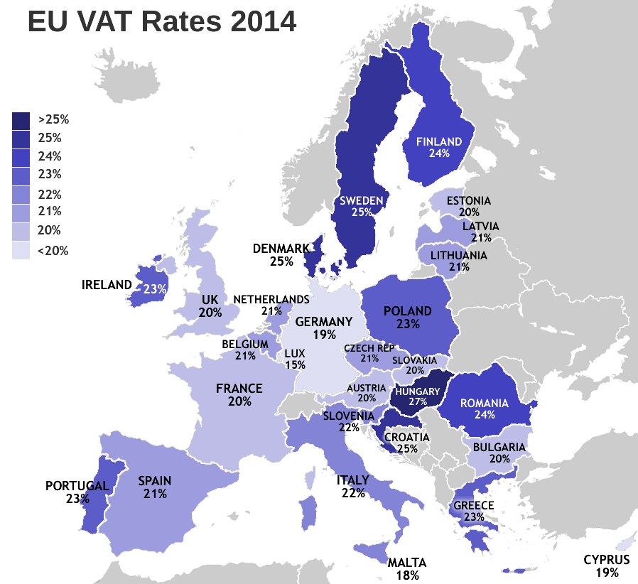Eine Europakarte, die die EU-Mehrwertsteuersätze für 2014 mit Prozentangaben und Textannotationen anzeigt.