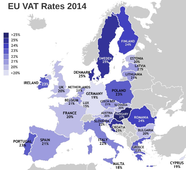 Eine Europakarte, die die EU-Mehrwertsteuersätze für 2014 mit Prozentangaben und Textannotationen anzeigt.