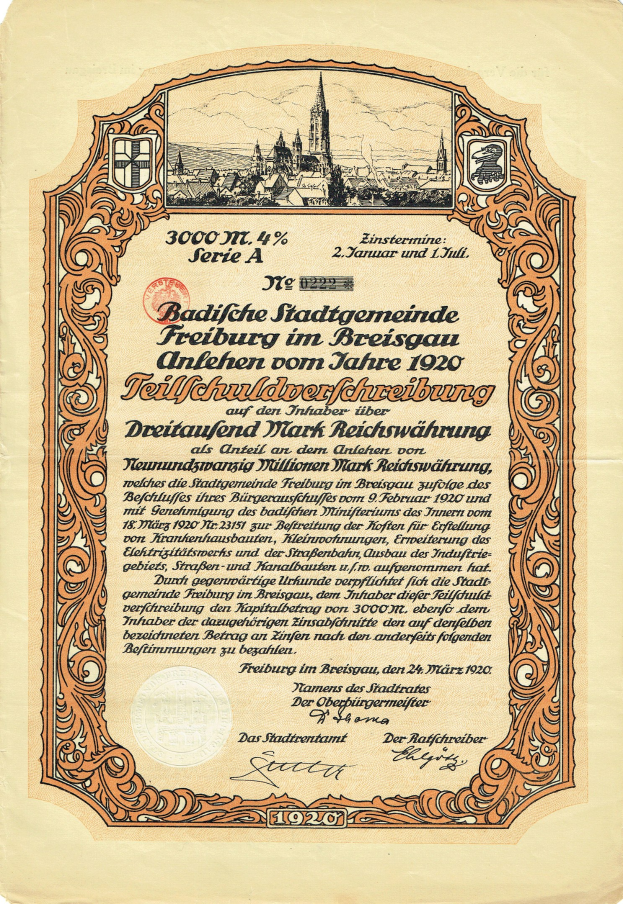 Altes deutsches Wertpapier mit einer Stadtansicht und bedrucktem Text, der wahrscheinlich seinen Ursprung angibt.