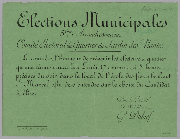 Ein grünes Blatt mit der Aufschrift 'Municipal Elections' auf einem weißen Hintergrund.