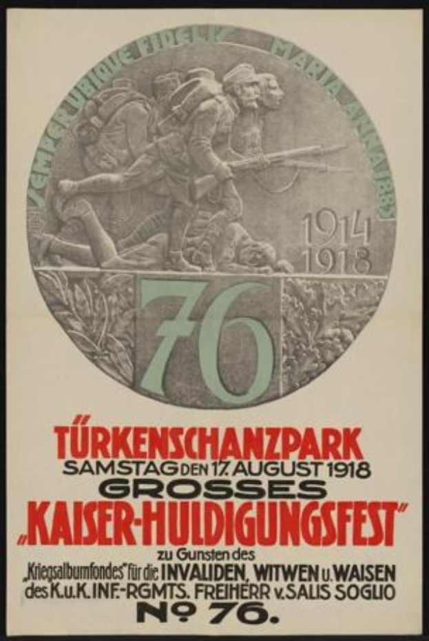 Plakat zum 70. Jubiläum des Kaiser-Huldigungsfestes in Berlin, Deutschland, mit einer Gruppe von Menschen in der Mitte und umgeben von Text und Zahlen, in einem Foto Rahmen.