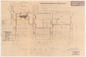 Schwarz-weißer Architekturplan des Rosenhof-Krankenhauses in Hamburg, Deutschland, zeigt detaillierte Grundrisse mit beschrifteten Räumen, Gängen und umfangreicher Verdrahtung.