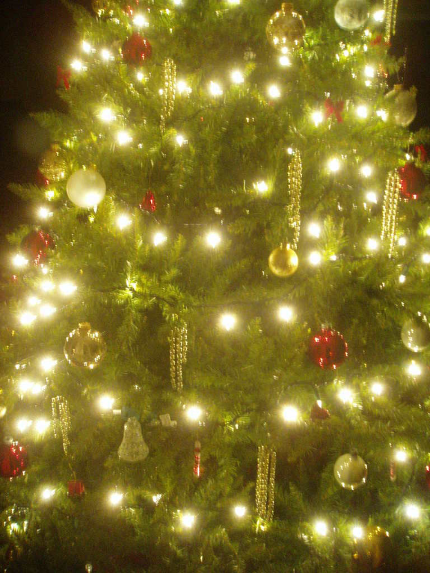 Ein Weihnachtsbaum mit Lichtern, Kugeln und verschiedenen Schmuckelementen.