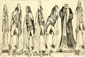 Eine Zeichnung einer Gruppe von besorgten Menschen, die zusammenstehen, mit dem Text "Die saure Aussicht vor uns, oder die Ins werfen hoch" darüber.