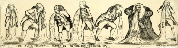 Eine Zeichnung einer Gruppe von besorgten Menschen, die zusammenstehen, mit dem Text "Die saure Aussicht vor uns, oder die Ins werfen hoch" darüber.