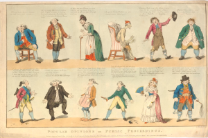 Eine Zeitung mit Bildern von Menschen und Texten über populäre Meinungen zu öffentlichen Veranstaltungen.