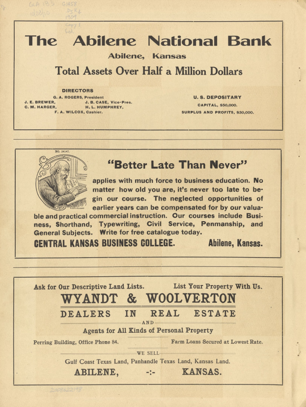 Schwarze und weiße Zeitungsanzeige für die Abilene National Bank mit einem zentralen Porträt und Text über Bankdienste.