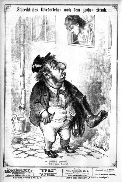 Cartoon eines Mannes in Zylinder und einer Frau in Kleidung, die neben einer Wand, einem Fenster und einem Eimer stehen, mit Text unten: "F. J. Singer, der erste deutsche Politiker, der in den Kongress gewählt wurde."