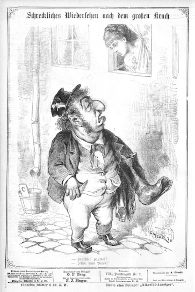 Cartoon eines Mannes in Zylinder und einer Frau in Kleidung, die neben einer Wand, einem Fenster und einem Eimer stehen, mit Text unten: "F. J. Singer, der erste deutsche Politiker, der in den Kongress gewählt wurde."