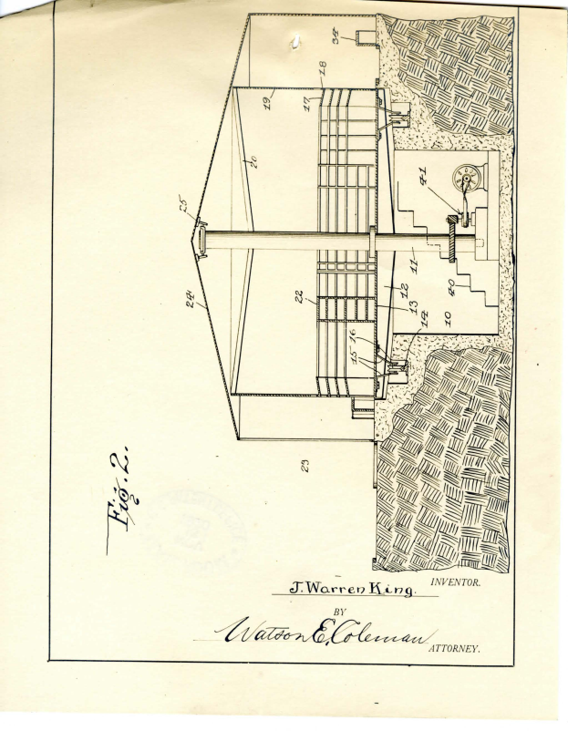 Ein detailliertes Gebäude-Diagramm, wahrscheinlich ein Wasserpumpen-Patent, mit verschiedenen Nummern und Textanmerkungen auf einem Blatt Papier.