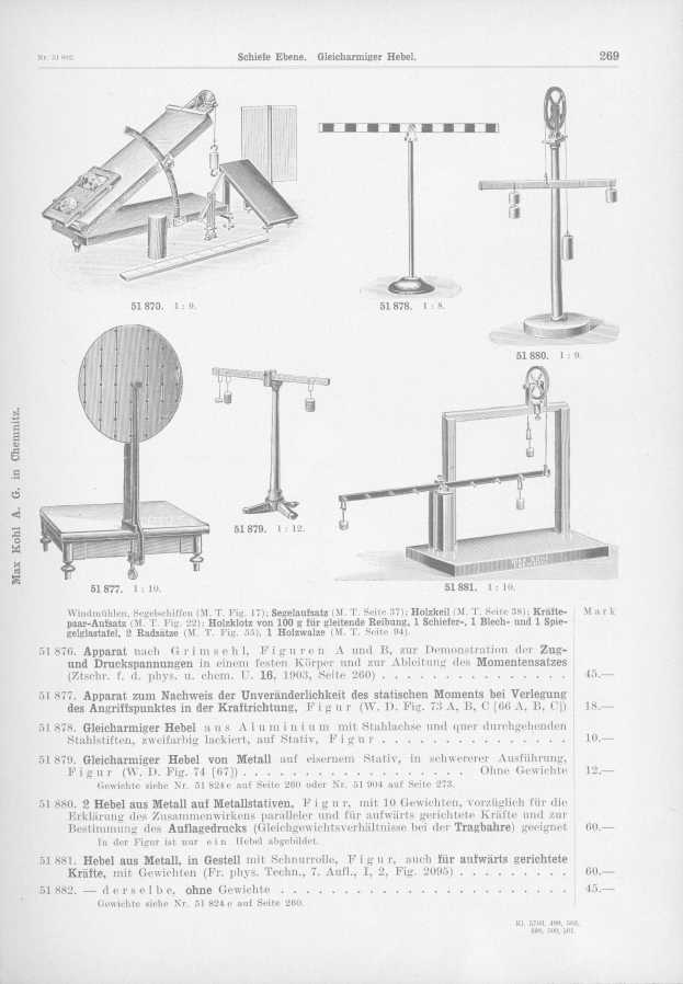 Eine Buchseite voller detaillierter Illustrationen verschiedener Maschinen, jede mit einzigartigem Design, begleitet von beschreibendem Text.