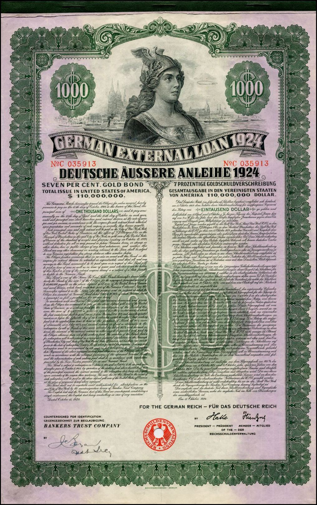 Altes deutsches Auslandsschuldschein-Zertifikat von 1924 mit einer Frauendarstellung, mit gedrucktem Text und numerischen Nennbetragsmarkierungen auf altem Papier.