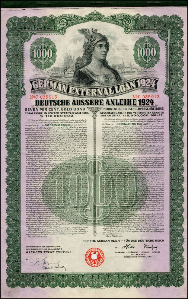 Altes deutsches Auslandsschuldschein-Zertifikat von 1924 mit einer Frauendarstellung, mit gedrucktem Text und numerischen Nennbetragsmarkierungen auf altem Papier.