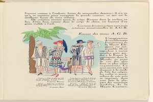 Ein aufgeschlagenes Buch mit einer Zeichnung einer Gruppe von Menschen, die zusammenstehen und im Hintergrund ein Baum zu sehen ist, alle tragen modische Schuhe.