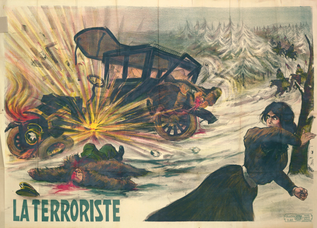 Ein Filmplakat für "La Terroriste" mit einer chaotischen Szene mit Menschen, Fahrzeugen, Bäumen und anderen Gegenständen, gefüllt mit leuchtenden Farben und fetter Schrift.