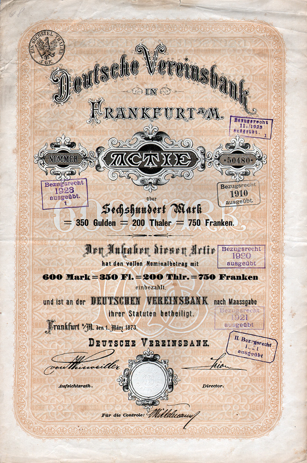 Ein altes deutsches Aktienzertifikat, ausgestellt von der Deutschen Vereinsbank in Frankfurt, Deutschland, auf Papier gedruckt.