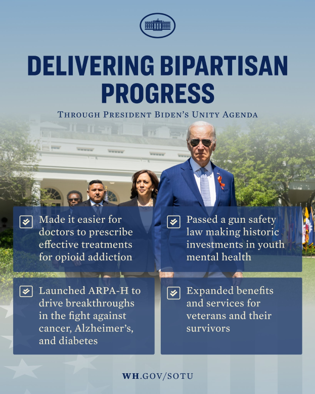 Plakat mit der Aufschrift "Bipartisan Progress Through President Bidens Unity Agenda" mit Menschen vor einem Gebäude mit Bäumen und Fahnen im Hintergrund.